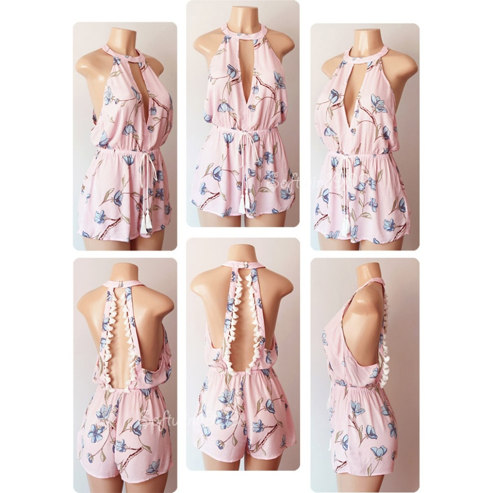 Last☝️ Pink Blue Tassel Open Back Halter Romper - Picture 4 of 8